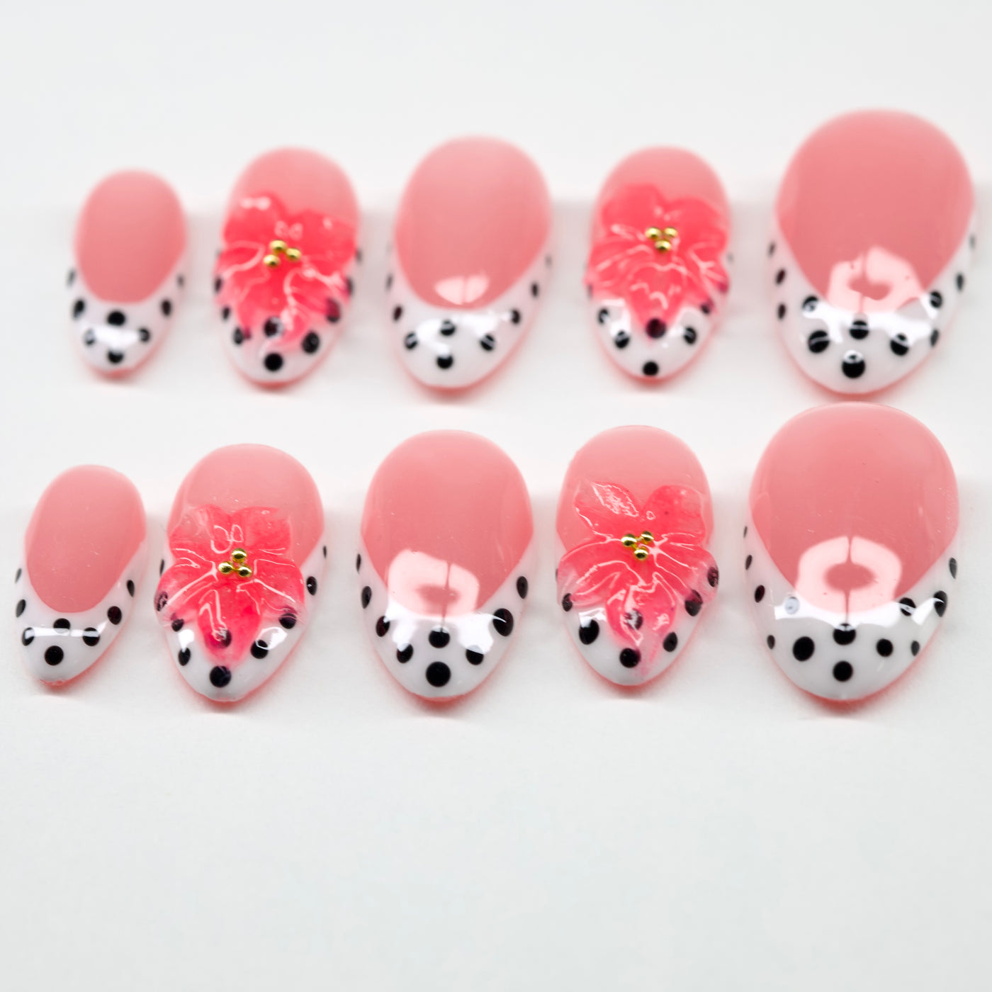 Pink Floral Polka Dot | 3D Hibiscus Press-On Nails