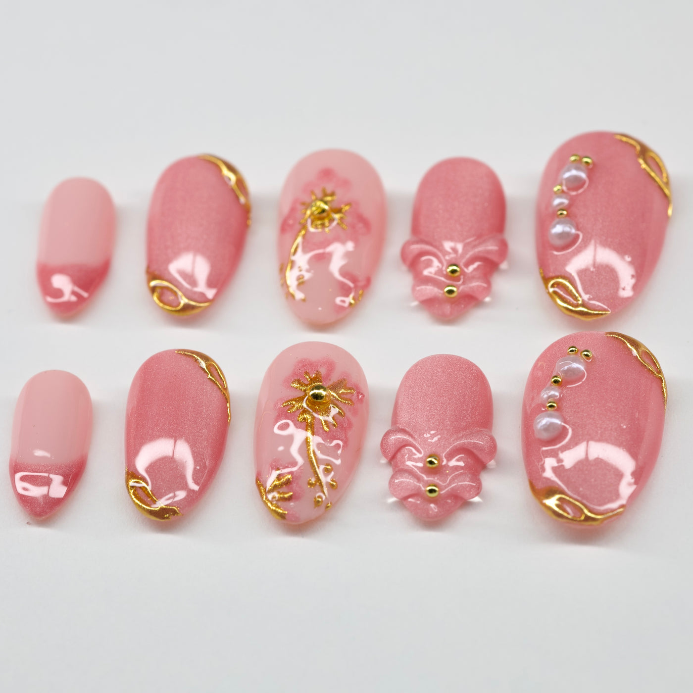 Blush Pearl Luxe | 3D Floral & Gold Chrome Press-On Nails