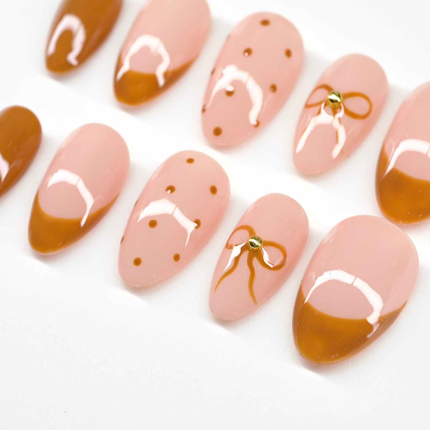 Caramel Bow Press-On Nails | Brown French Tip & Polka Dot Nail Set