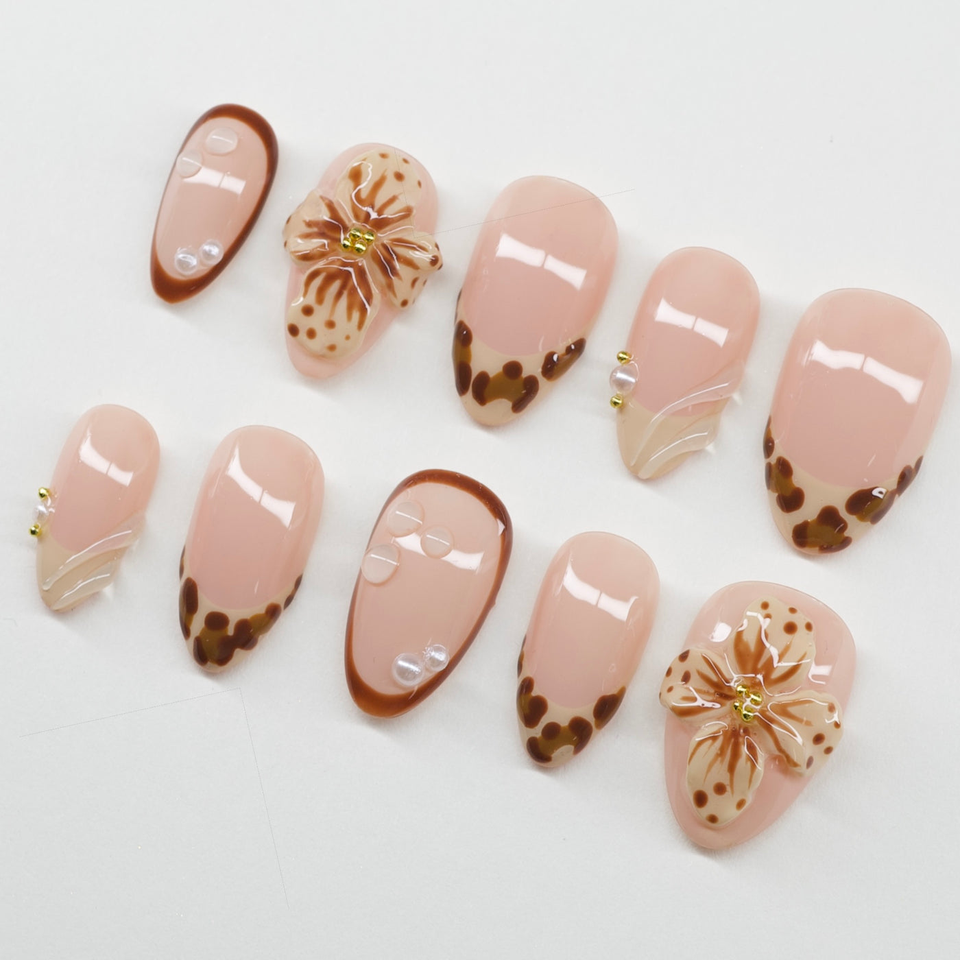 Amber & Espresso | Custom 3D Floral & Pearl Press-Ons