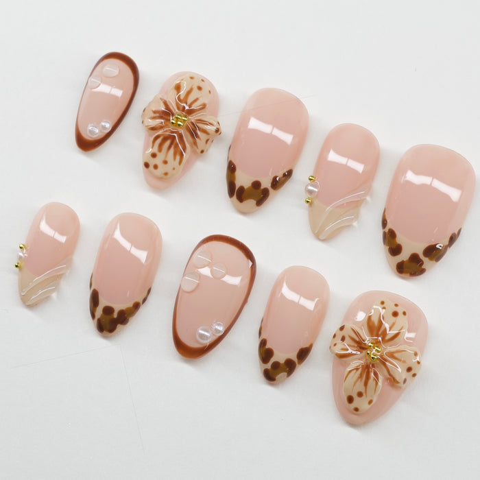 Amber & Espresso | Custom 3D Floral & Pearl Press-Ons