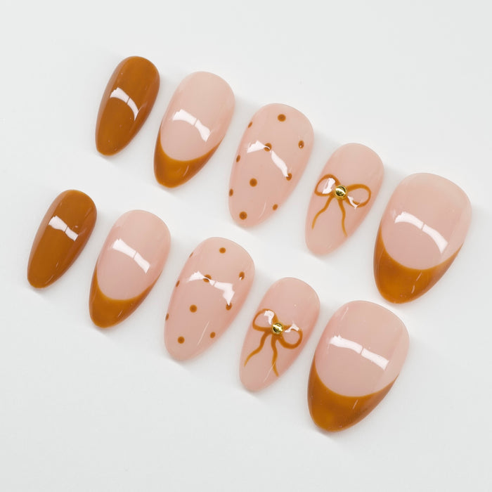Caramel Bow Press-On Nails | Brown French Tip & Polka Dot Nail Set