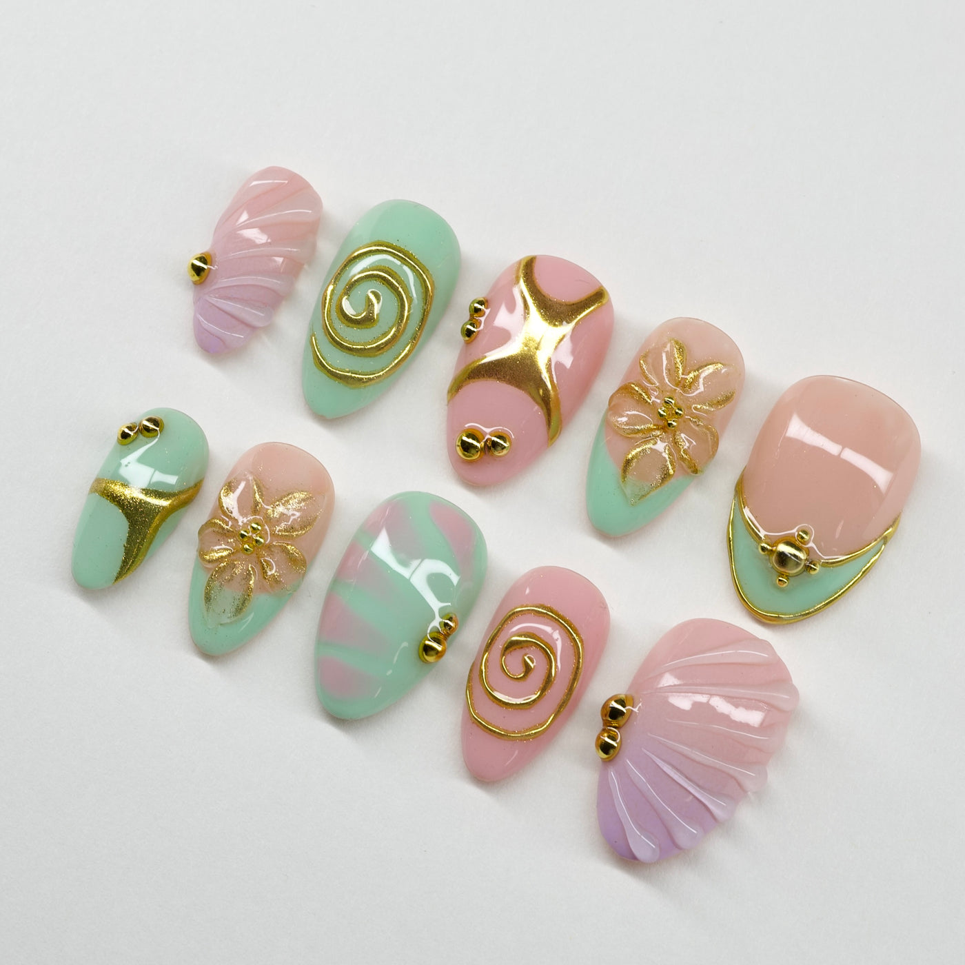 Pastel Spiral Swirl | 3D Gem & Shell Press-On Nails