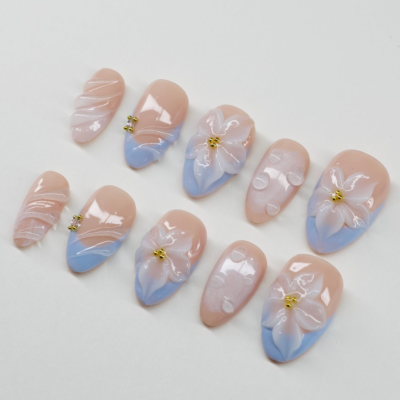Periwinkle Petals | 3D Floral & Raindrop Press-On Nails