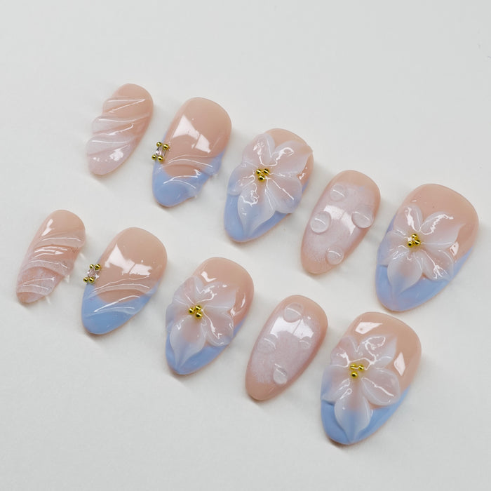 Periwinkle Petals | 3D Floral & Raindrop Press-On Nails