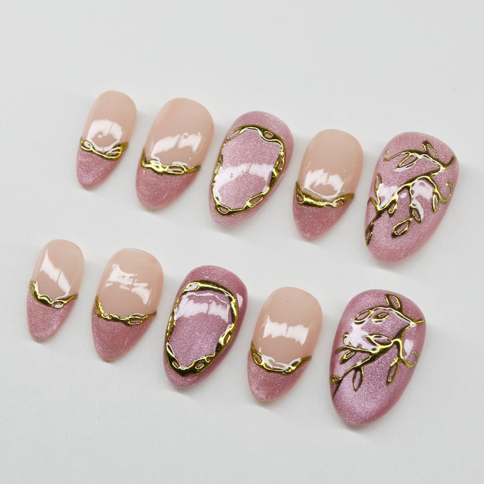 Rose Quartz Luxe | 3D Gold Chrome & Cat-Eye Press-On Nails