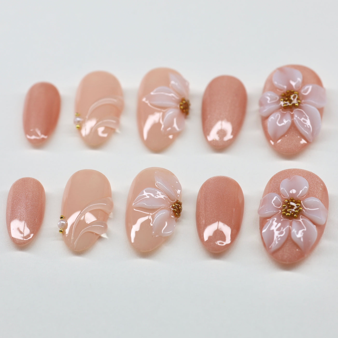 Nude Elegance | 3D Floral & Cat-Eye Press-On Nails