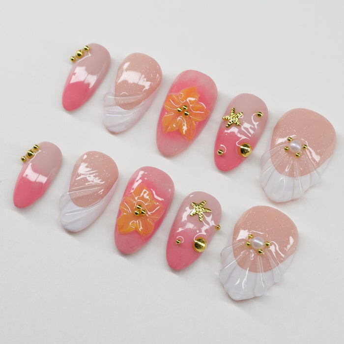 Ocean Siren Pearl | 3D Seashell & Starfish Press-On Nails