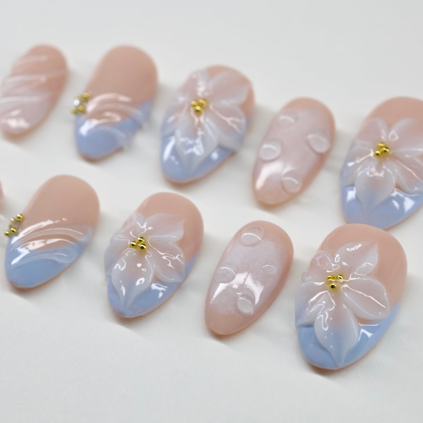 Periwinkle Petals | 3D Floral & Raindrop Press-On Nails