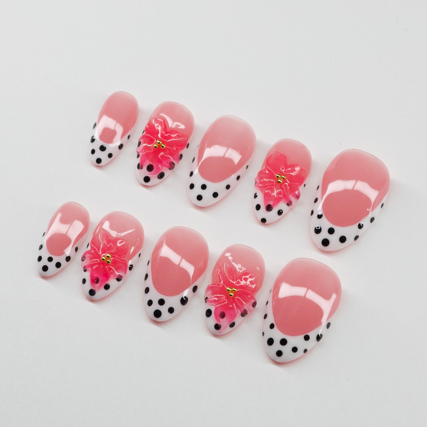 Pink Floral Polka Dot | 3D Hibiscus Press-On Nails