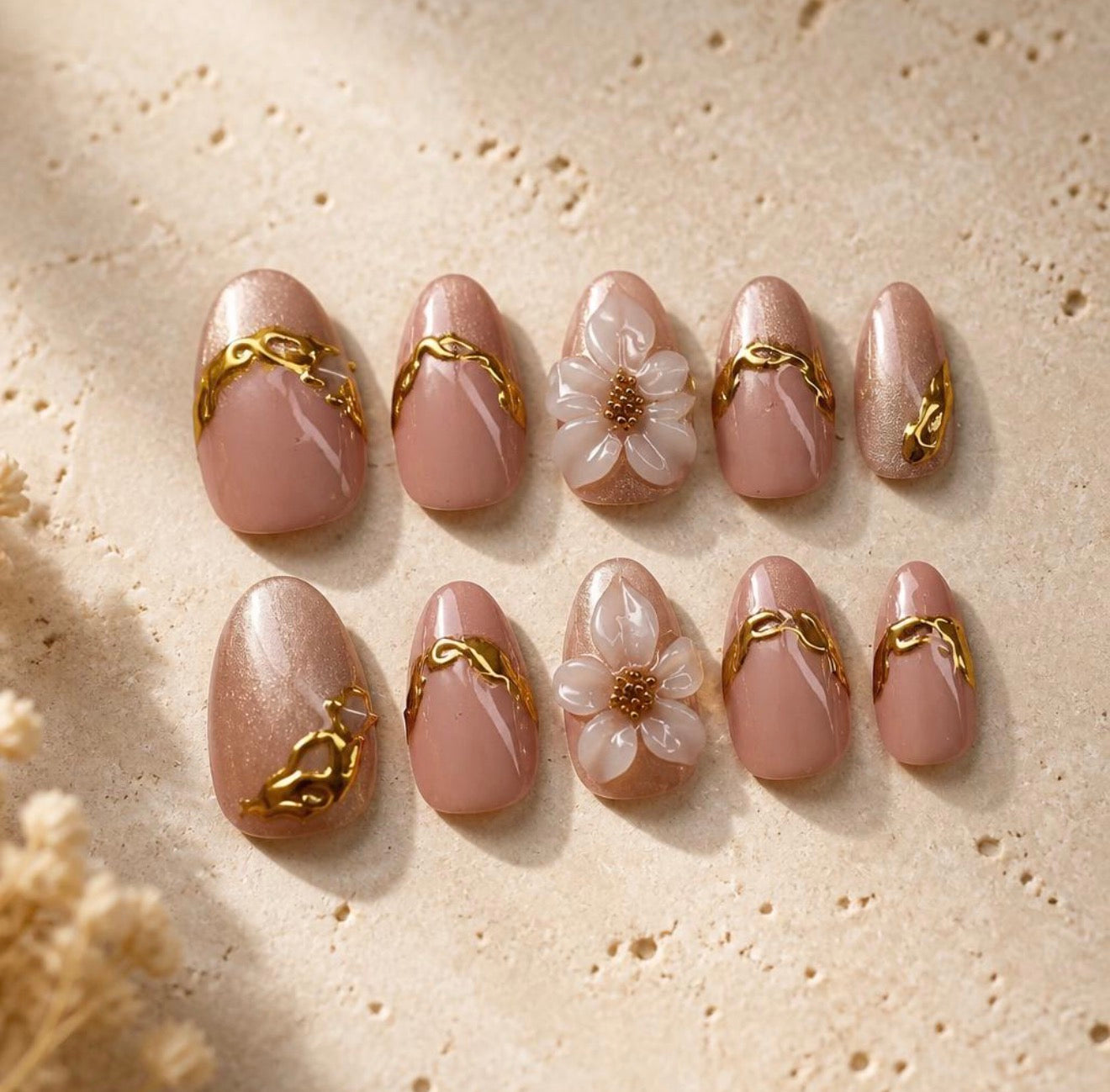 Golden Rose Quartz | 3D Sculpted Floral & Chrome Press-On Nails