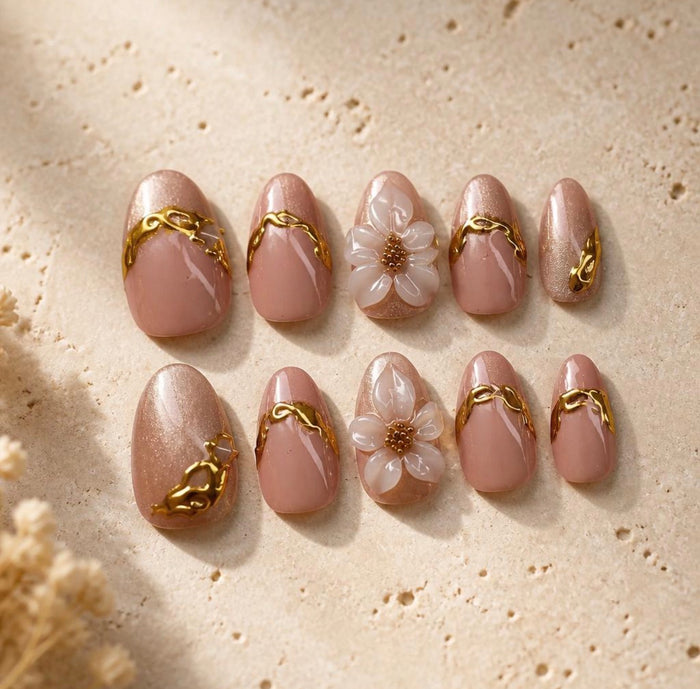 Golden Rose Quartz | 3D Sculpted Floral & Chrome Press-On Nails
