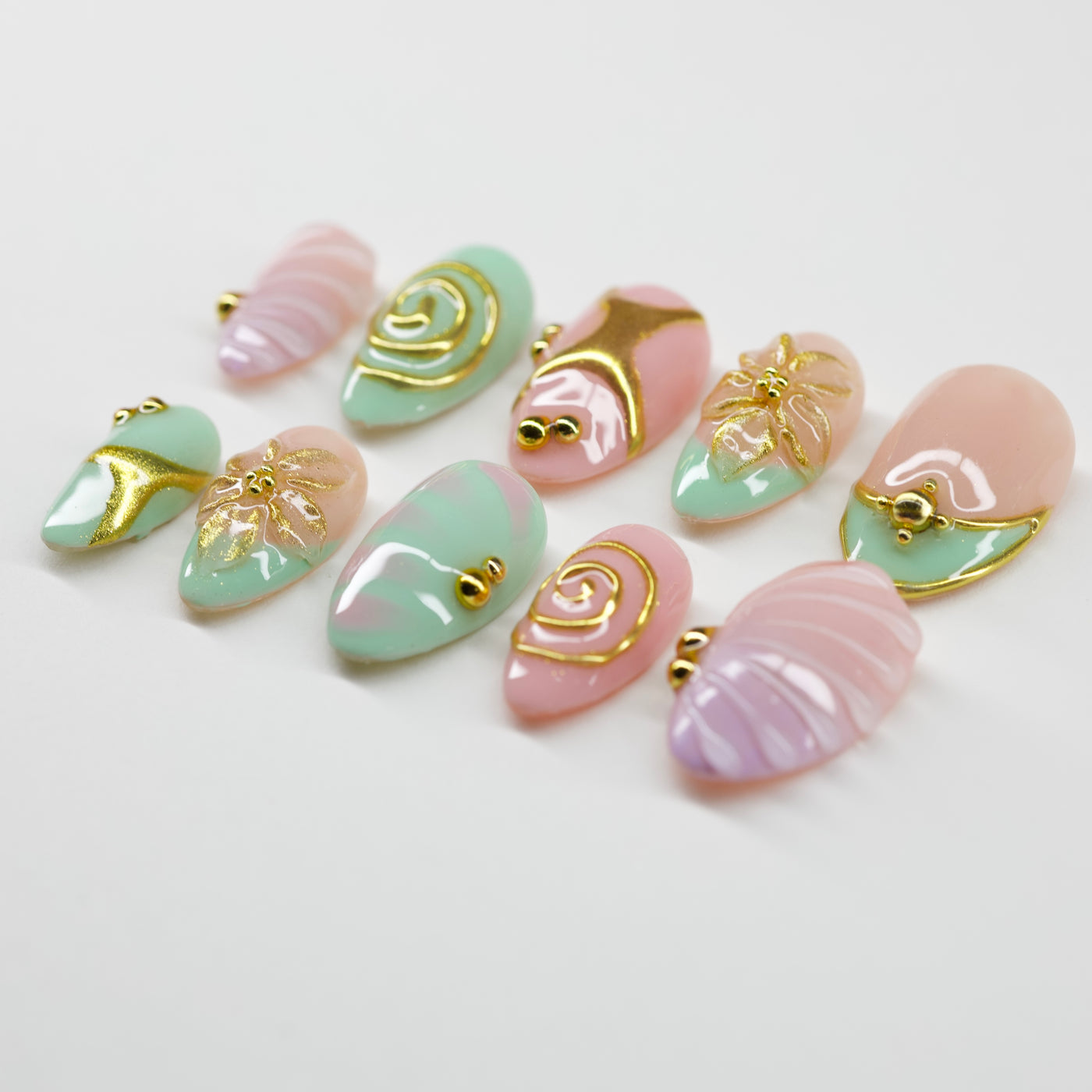 Pastel Spiral Swirl | 3D Gem & Shell Press-On Nails