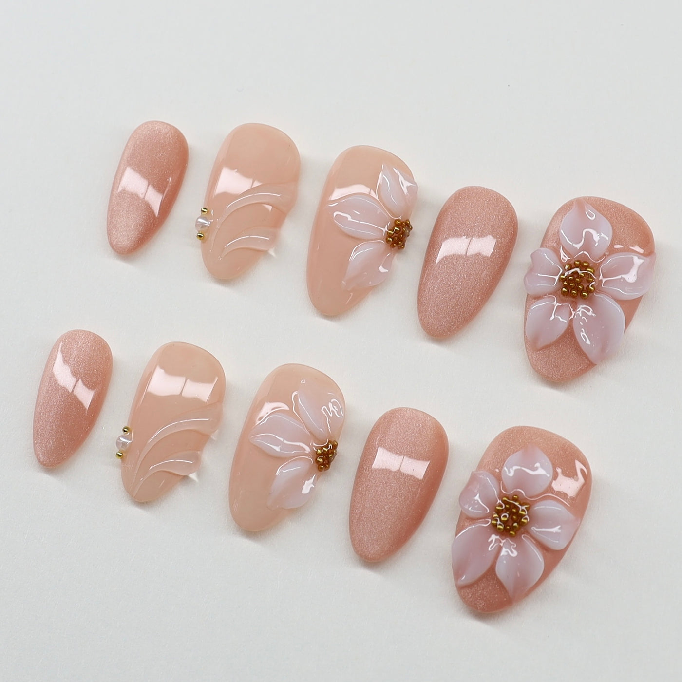 Nude Elegance | 3D Floral & Cat-Eye Press-On Nails