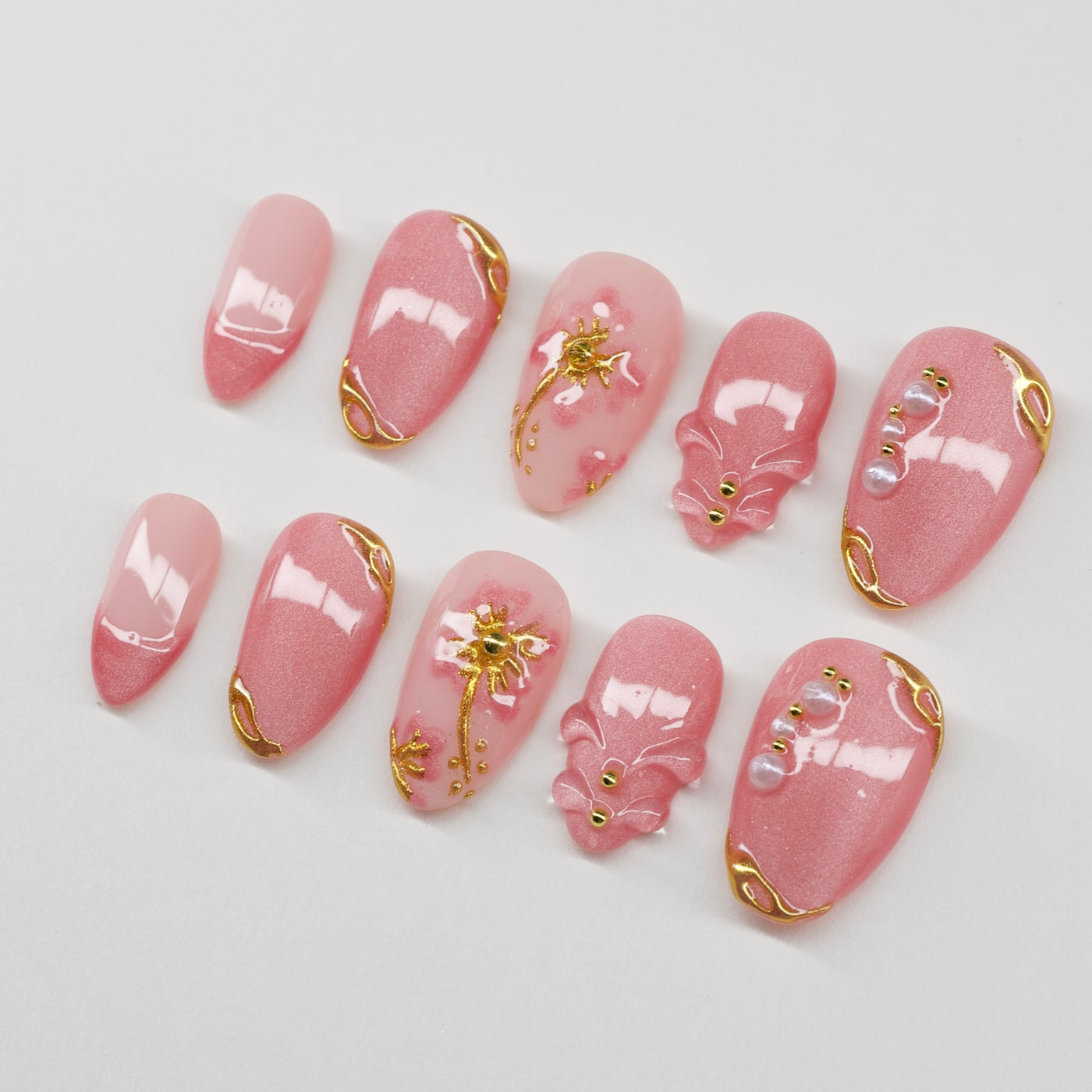 Blush Pearl Luxe | 3D Floral & Gold Chrome Press-On Nails