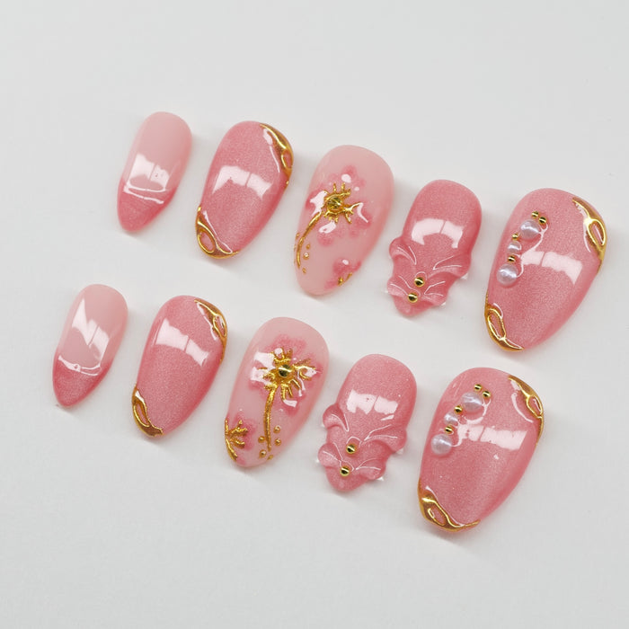 Blush Pearl Luxe | 3D Floral & Gold Chrome Press-On Nails