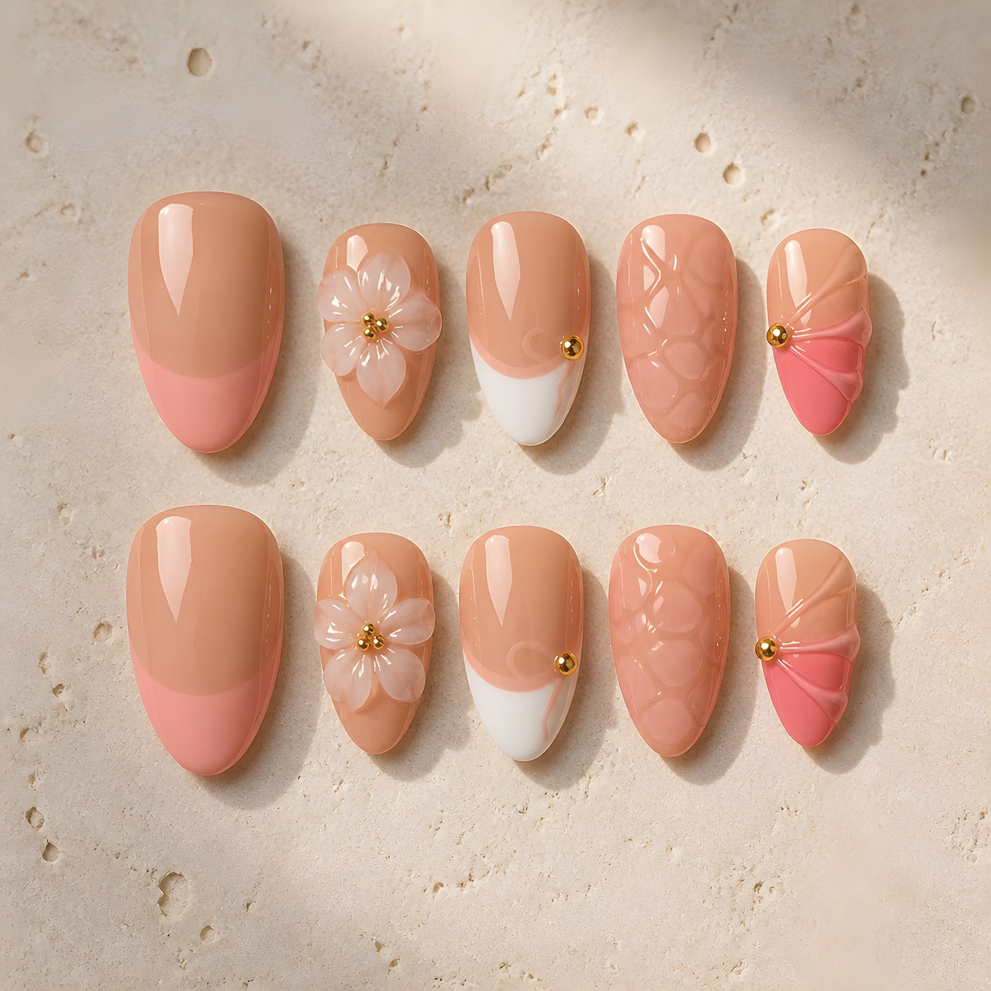 Blush Petal Fantasy | 3D Floral & Fan Press-On Nails